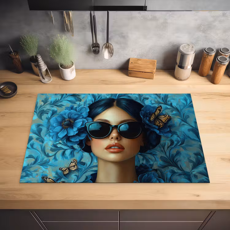 Vrouw - Bloemen - Vlinders - Blauw - Abstract Inductie beschermer vinyl 3mm klein -sfeer5