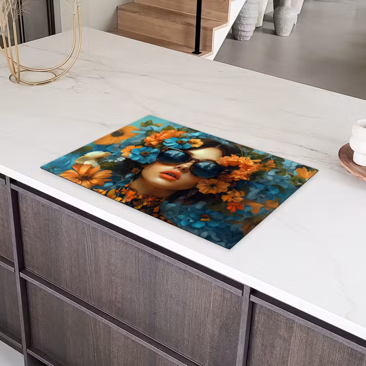 Vrouw - Bloemen - Oranje - Blauw - Modern Inductie beschermer vinyl 3mm klein -sfeer8