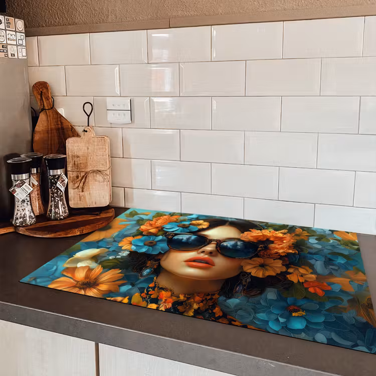 Vrouw - Bloemen - Oranje - Blauw - Modern Inductie beschermer vinyl 3mm klein -sfeer3