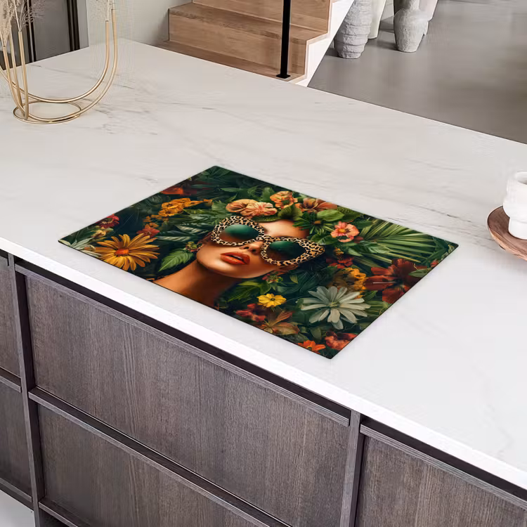 Vrouw - Panterprint - Jungle - Natuur - Luxe Inductie beschermer vinyl 3mm klein -sfeer8