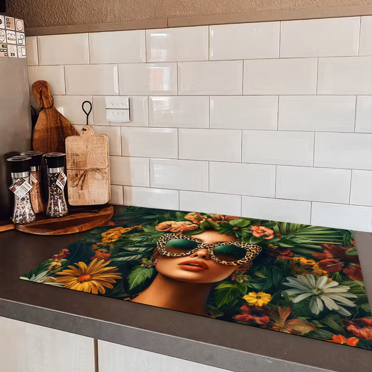 Vrouw - Panterprint - Jungle - Natuur - Luxe Inductie beschermer vinyl 3mm klein -sfeer3