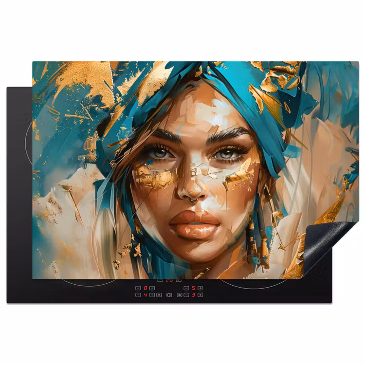 Vrouw - Portret - Goud - Luxe - Blauw Inductie beschermer vinyl 3mm klein -3d