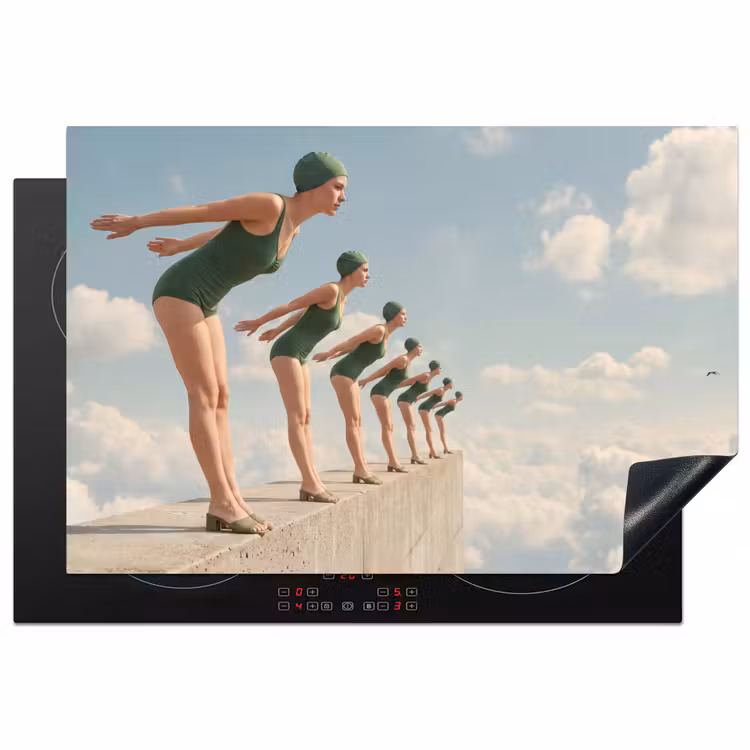 Induction Hob Cover - Women - Diving Pose - Clouds - Vrouwen - Duikhouding - Wolken Inductie beschermer vinyl 3mm klein