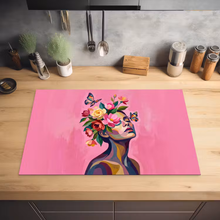 Vrouwengezicht - Vlinders - Kleurrijk Inductie beschermer vinyl 3mm klein -sfeer5