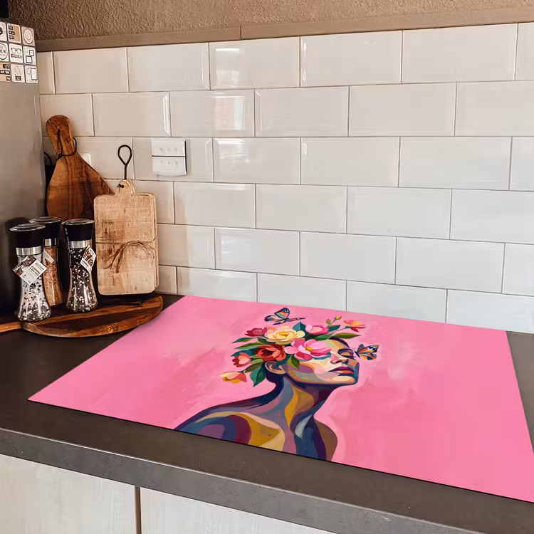 Vrouwengezicht - Vlinders - Kleurrijk Inductie beschermer vinyl 3mm klein -sfeer3