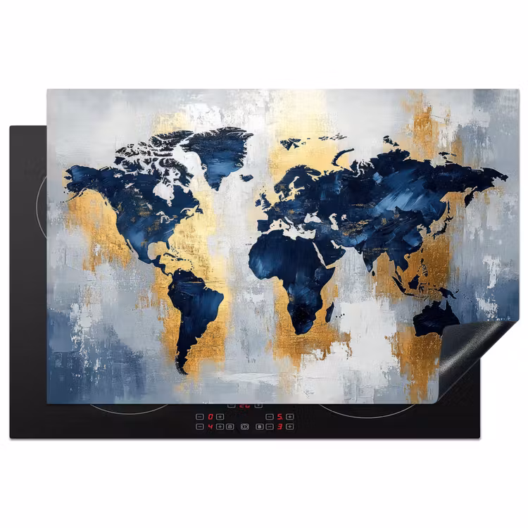 Wereldkaart - Blauw - Abstract Inductie beschermer vinyl 3mm klein -3d