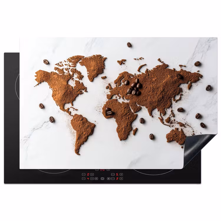Wereldkaart - Koffie - Marmer Inductie beschermer vinyl 3mm klein -3d