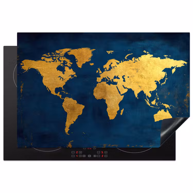 Wereldkaart - Goud - Donkerblauw Inductie beschermer vinyl 3mm klein -3d