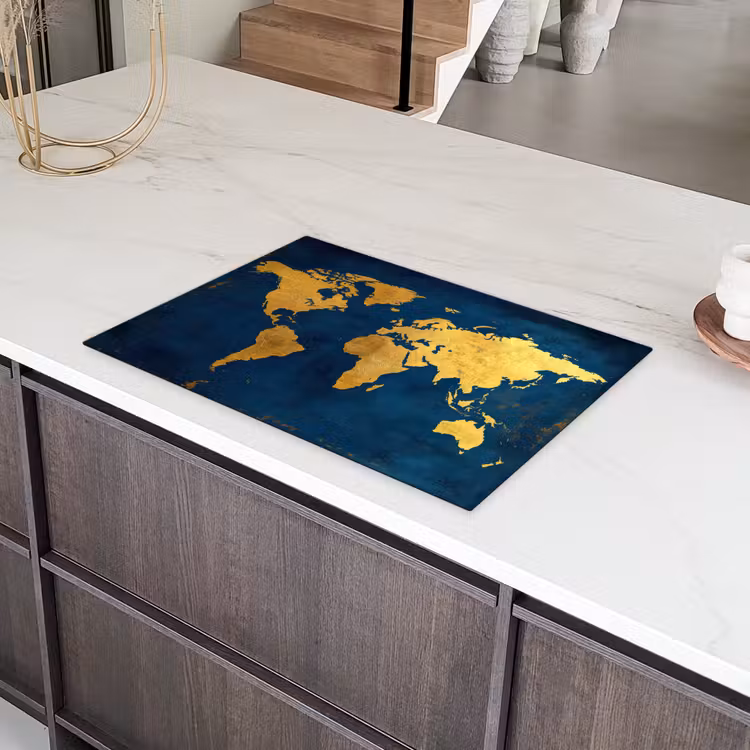Wereldkaart - Goud - Donkerblauw Inductie beschermer vinyl 3mm klein -sfeer8
