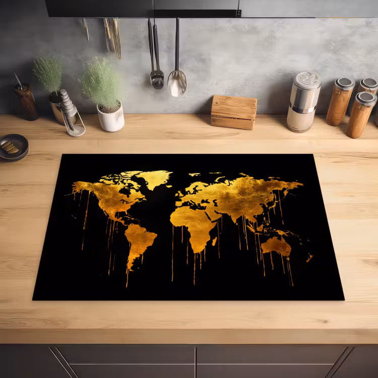 Wereldkaart - Goud - Druipen - Zwart Inductie beschermer vinyl 3mm klein -sfeer5