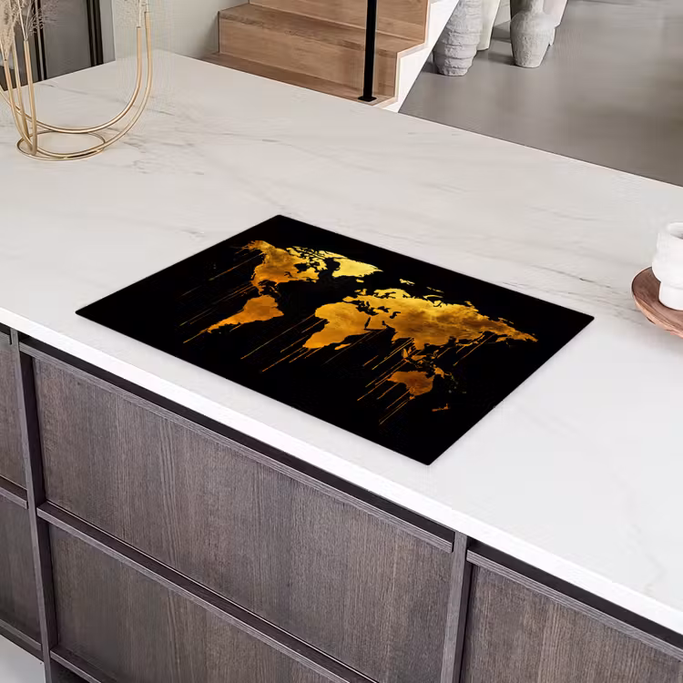 Wereldkaart - Goud - Druipen - Zwart Inductie beschermer vinyl 3mm klein -sfeer8