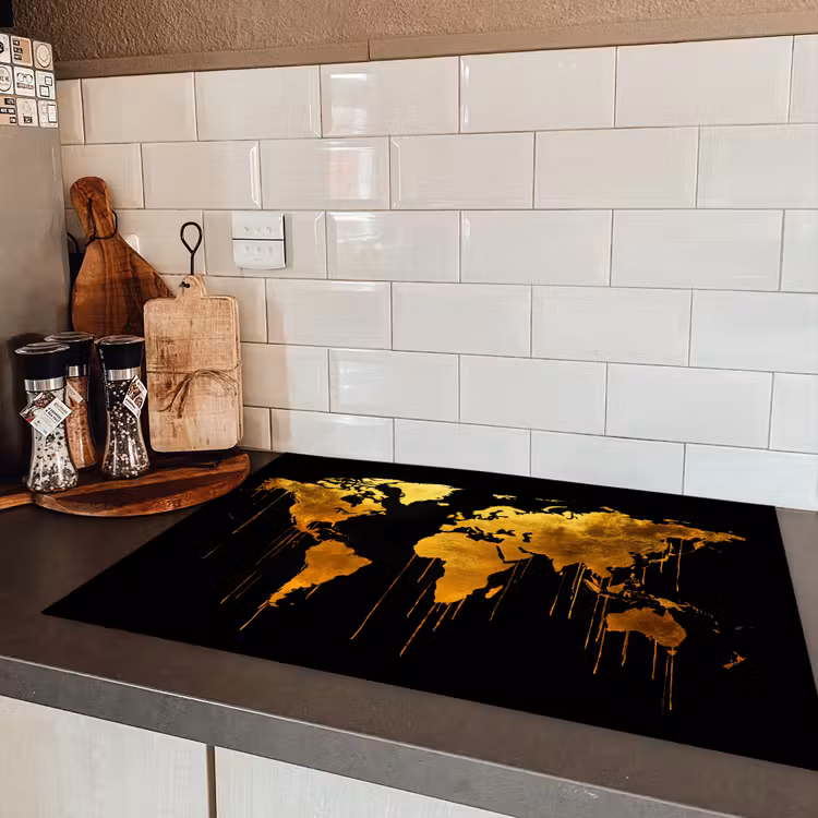 Wereldkaart - Goud - Druipen - Zwart Inductie beschermer vinyl 3mm klein -sfeer3