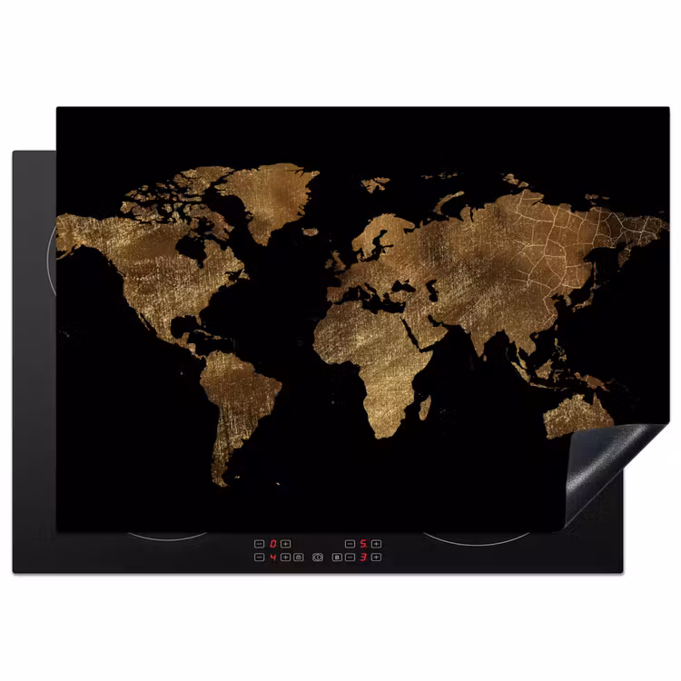 Wereldkaart - Goud - Luxe - Aarde - Zwart Inductie beschermer vinyl 3mm middel -3d
