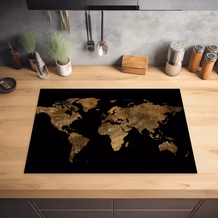 Wereldkaart - Goud - Luxe - Aarde - Zwart Inductie beschermer vinyl 3mm middel -sfeer5