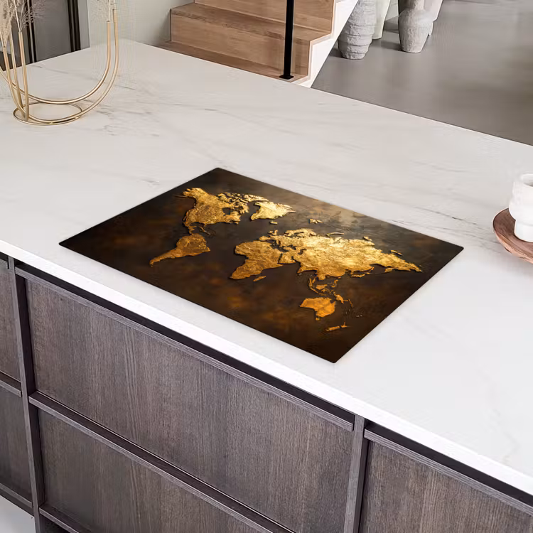 Wereldkaart - Goud - Roest Inductie beschermer vinyl 3mm klein -sfeer8