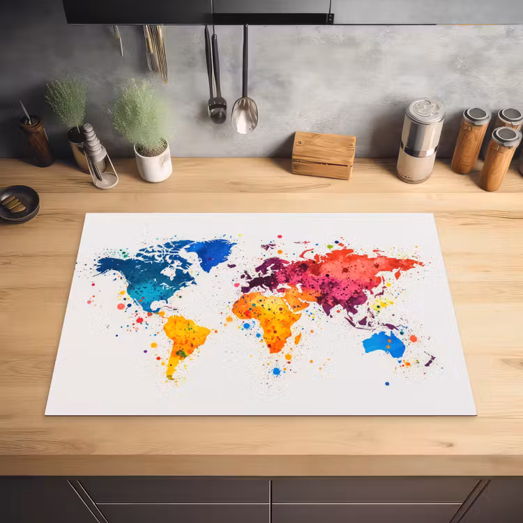 Wereldkaart - Graffiti - Kleurrijk Inductie beschermer vinyl 3mm klein -sfeer5