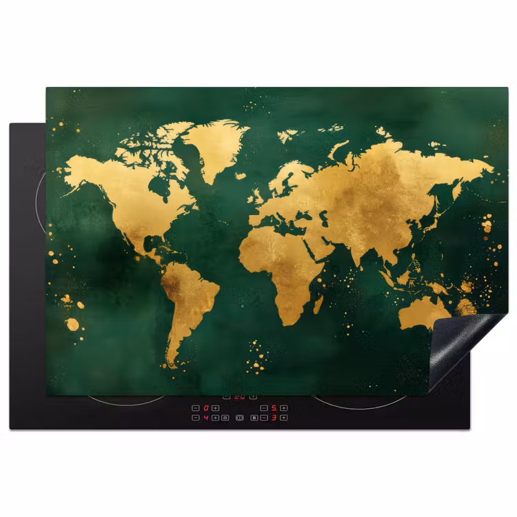 Wereldkaart - Groen - Goud Inductie beschermer vinyl 3mm klein -3d