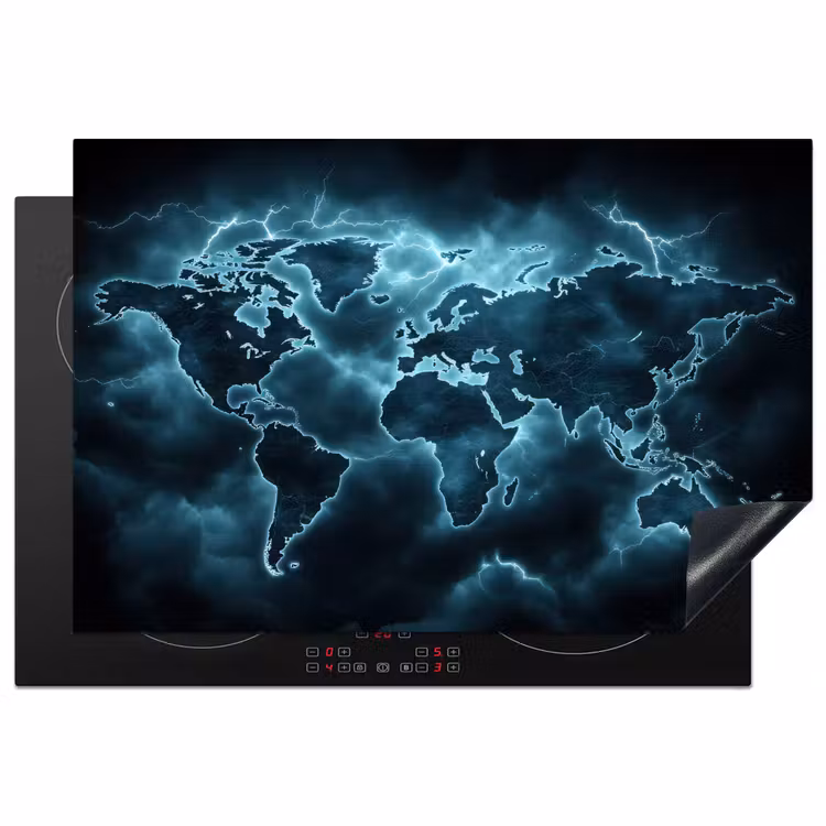 Wereldkaart - Bliksem - Blauw Inductie beschermer vinyl 3mm klein -3d