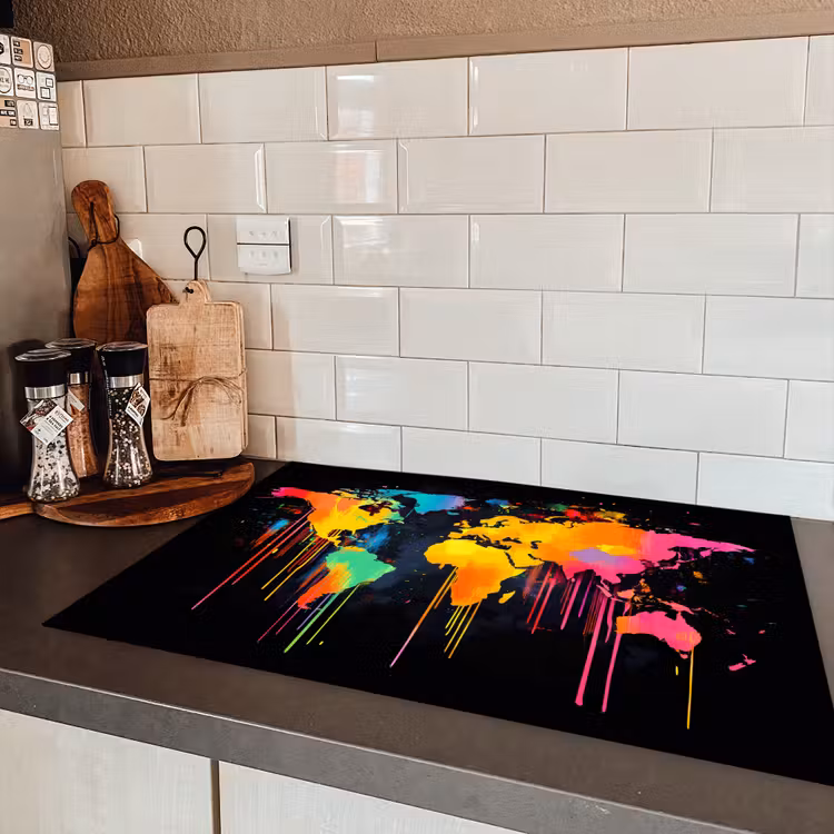 Wereldkaart - Verf - Kleurrijk - Graffiti - Wereld Inductie beschermer vinyl 3mm klein -sfeer3