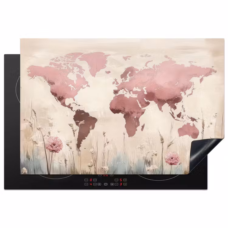 Wereldkaart - Roze - Bloemen Inductie beschermer vinyl 3mm klein -3d