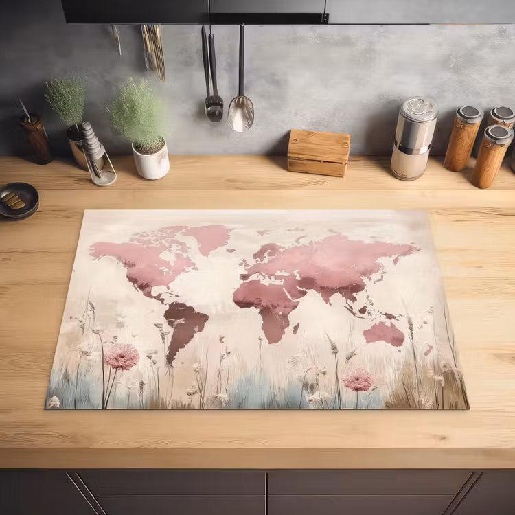 Wereldkaart - Roze - Bloemen Inductie beschermer vinyl 3mm klein -sfeer5