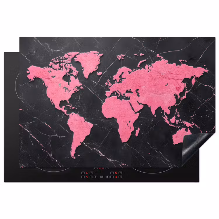 Wereldkaart - Roze - Marmer Inductie beschermer vinyl 3mm klein -3d