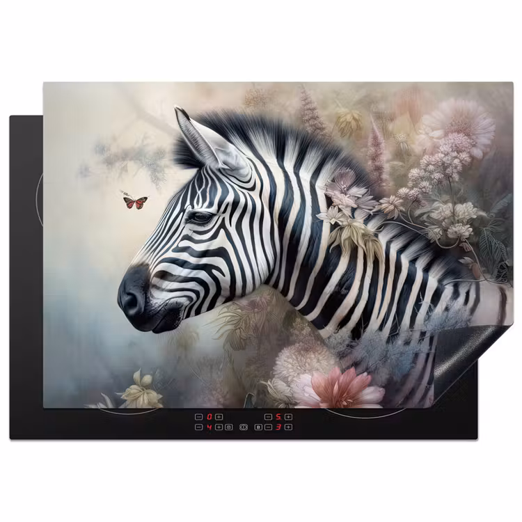 Zebra - Wilde dieren - Vlinder - Bloemen Inductie beschermer vinyl 3mm middel -3d