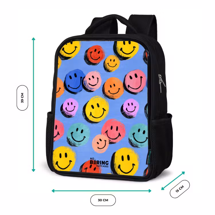 Een speels en kunstzinnig patroon van kleurrijke smileys Rugzak - Zwart middel -productfoto_formaten