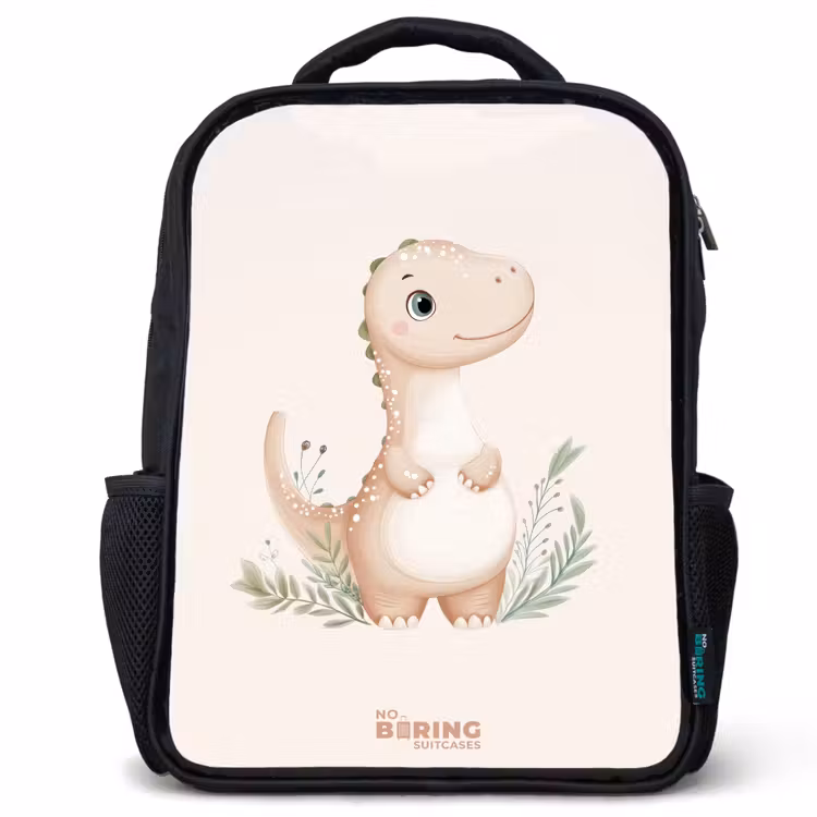 Beige dinosaurus met groene blaadjes Rugzak - Zwart middel -3d