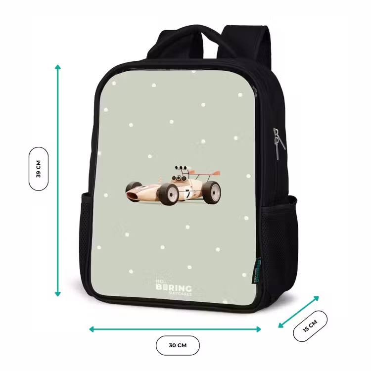 Beige retro raceauto op groene stippen achtergrond Rugzak - Zwart middel -productfoto_formaten