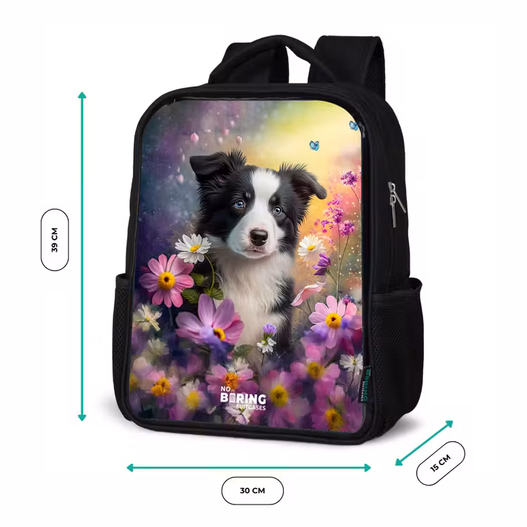 zwart witte puppy tussen kleurrijke bloemen Rugzak - Zwart middel -productfoto_formaten