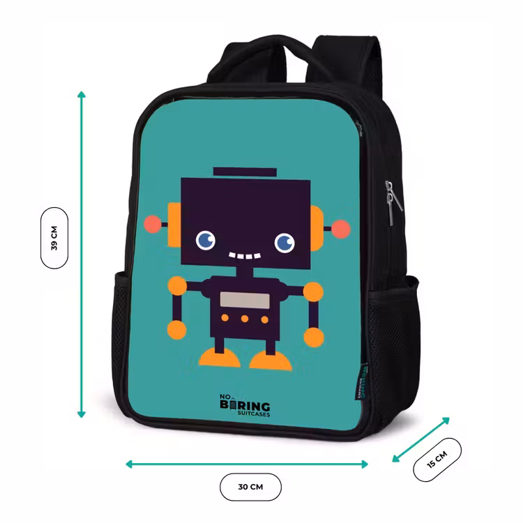 Zwarte robot met oranje accenten op een blauwe achtergrond Rugzak - Zwart middel -productfoto_formaten