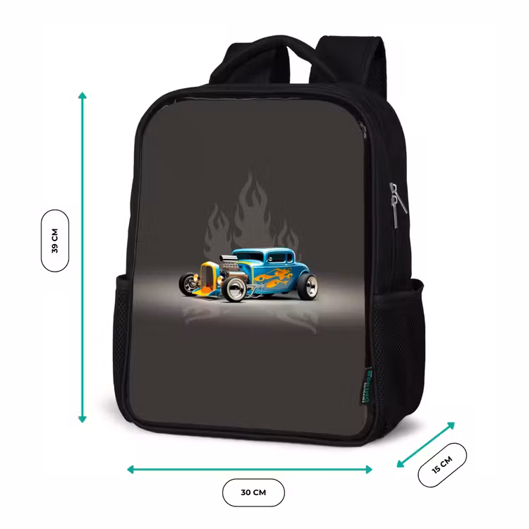 Blauwe auto met grijze vlammen Rugzak - Zwart middel -productfoto_formaten