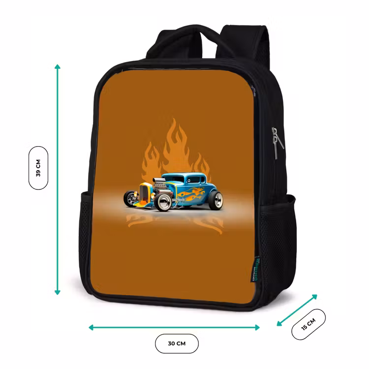 Blauwe auto met gele vlammen Rugzak - Zwart middel -productfoto_formaten