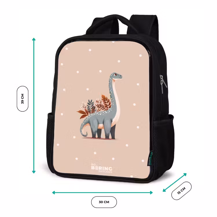 Blauwe dinosaurus op een beige stippenachtergrond Rugzak - Zwart middel -productfoto_formaten