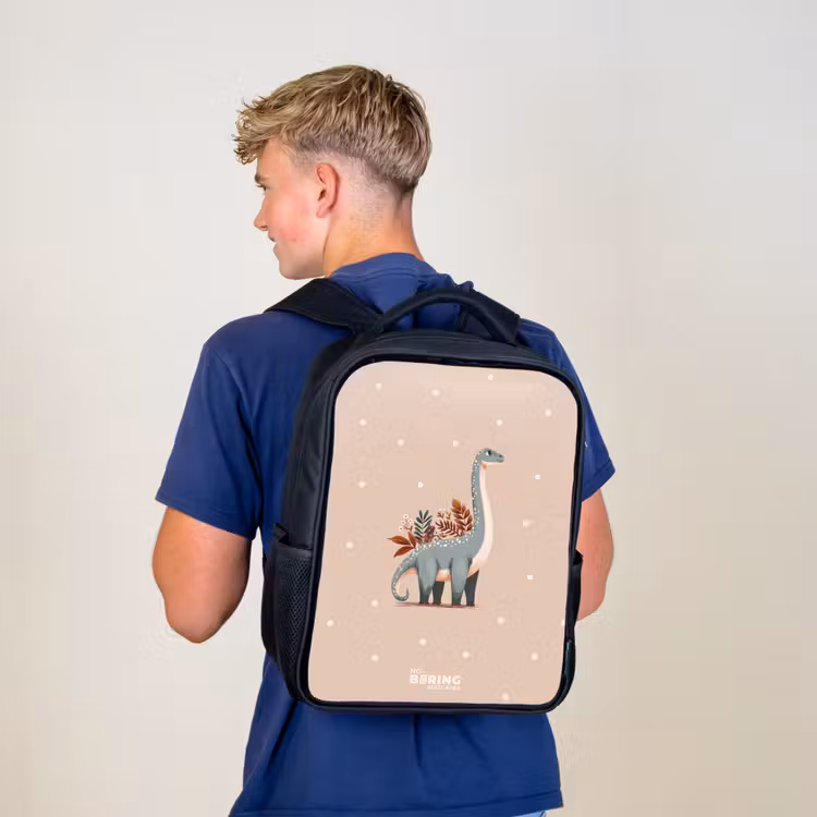 Blauwe dinosaurus op een beige stippenachtergrond Rugzak - Zwart middel -sfeer8
