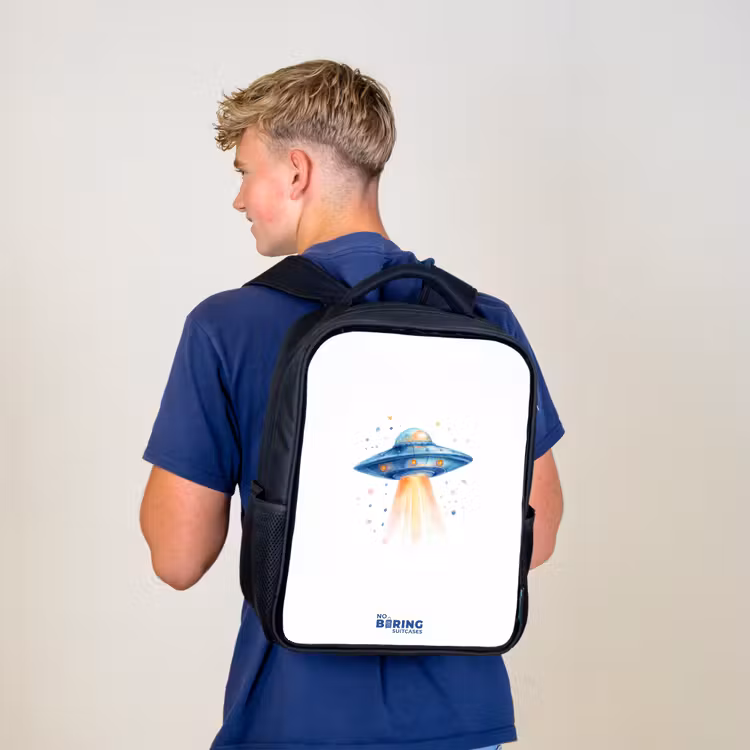Blauw ruimteschip met lichtstraal Rugzak - Zwart middel -sfeer8