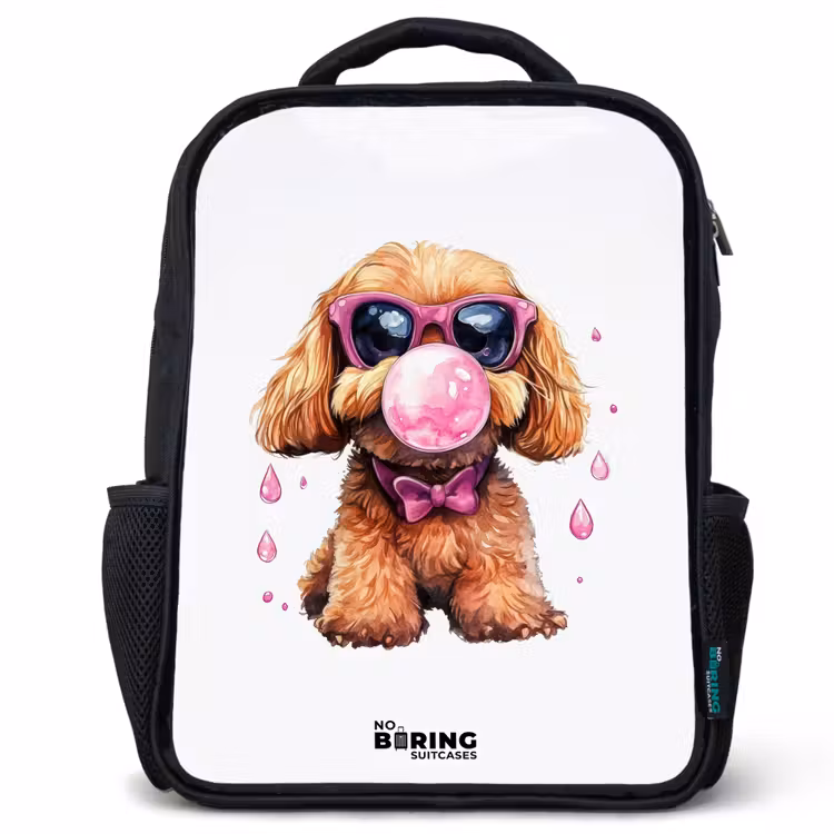 Bruine hond met roze bril en kauwgombal Rugzak - Zwart middel -3d