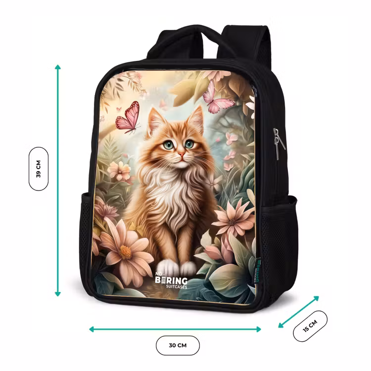 Kat in bloemenveld met roze vlinders. Rugzak - Zwart middel -productfoto_formaten