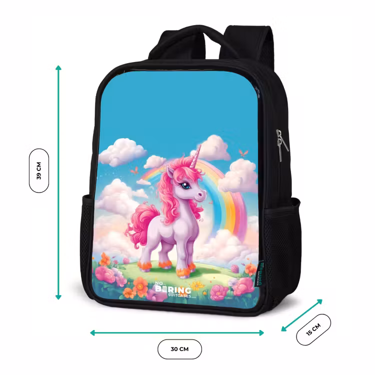 Vrolijke eenhoorn bij een regenboog Rugzak - Zwart middel -productfoto_formaten