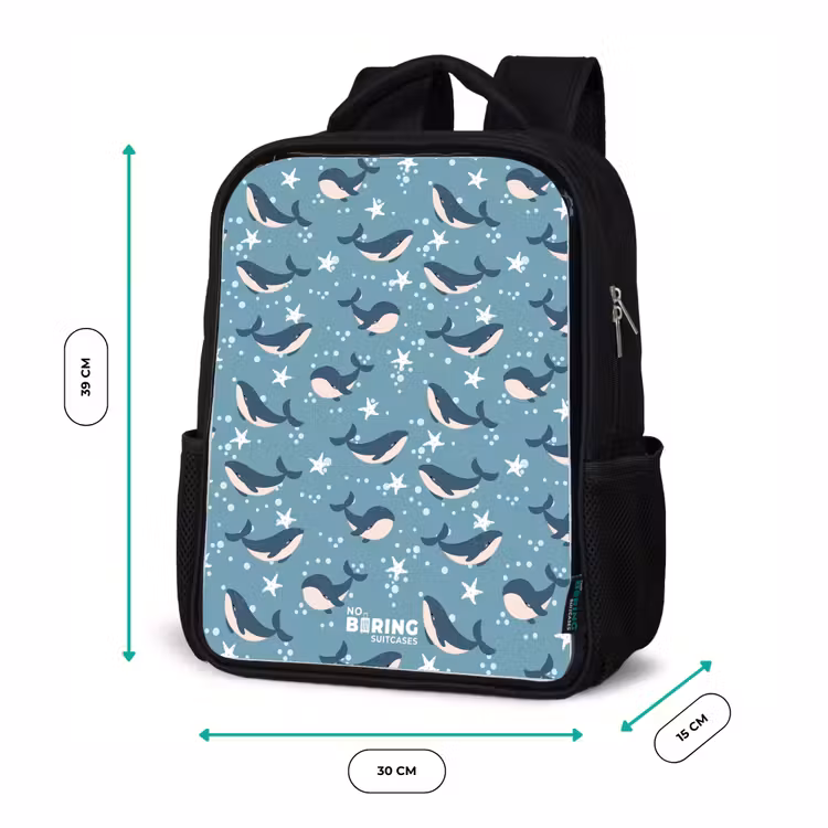 Donkerblauw walvissenpatroon met zeesterren Rugzak - Zwart middel -productfoto_formaten