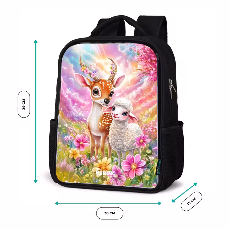 Hertje met een lammetje in pastelbloemenveld Rugzak - Zwart middel -productfoto_formaten