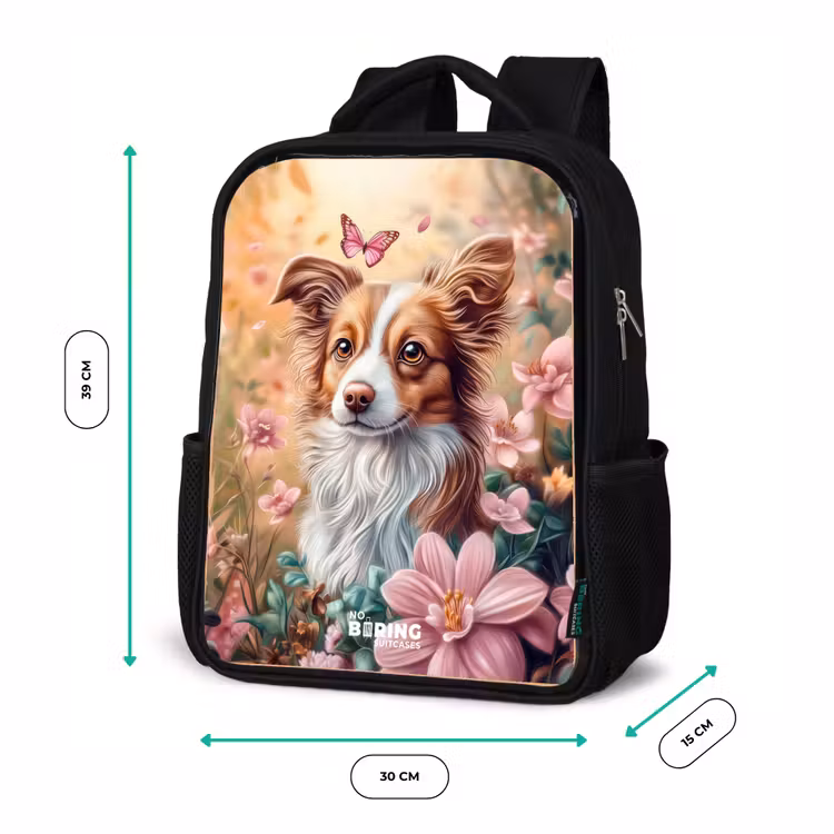 Hond in bloemenveld met vlinders Rugzak - Zwart middel -productfoto_formaten