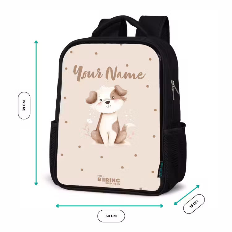 Honden pup omringd door bruine stippen Rugzak - Zwart middel -productfoto_formaten