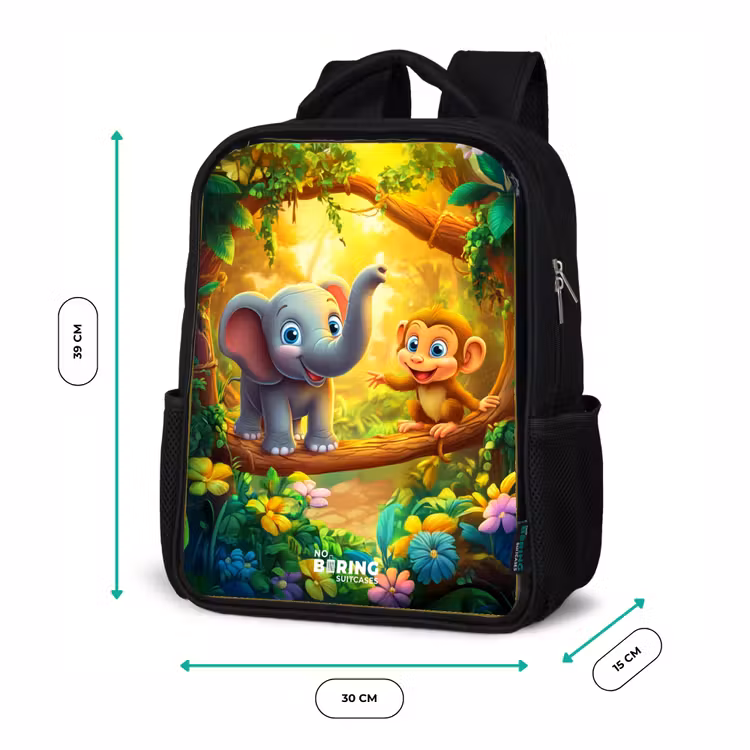 Olifant en aapje in kleurrijke jungle Rugzak - Zwart middel -productfoto_formaten