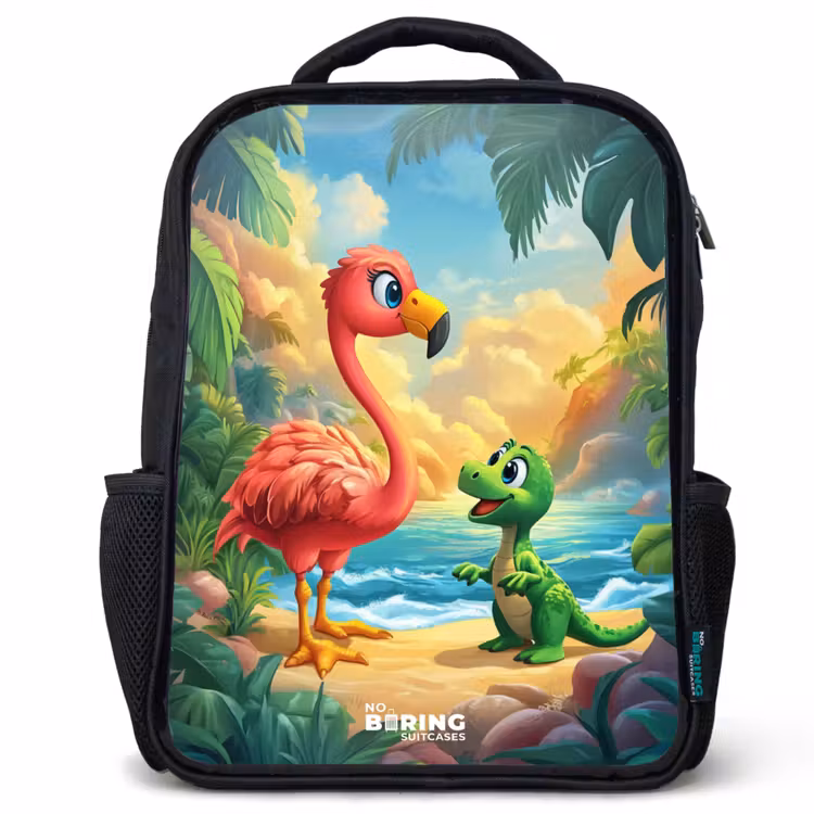 Flamingo en dinosaurus op strand bij ondergaande zon Rugzak - Zwart middel -3d