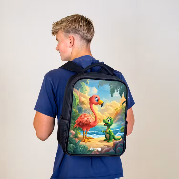 Flamingo en dinosaurus op strand bij ondergaande zon Rugzak - Zwart middel -sfeer8