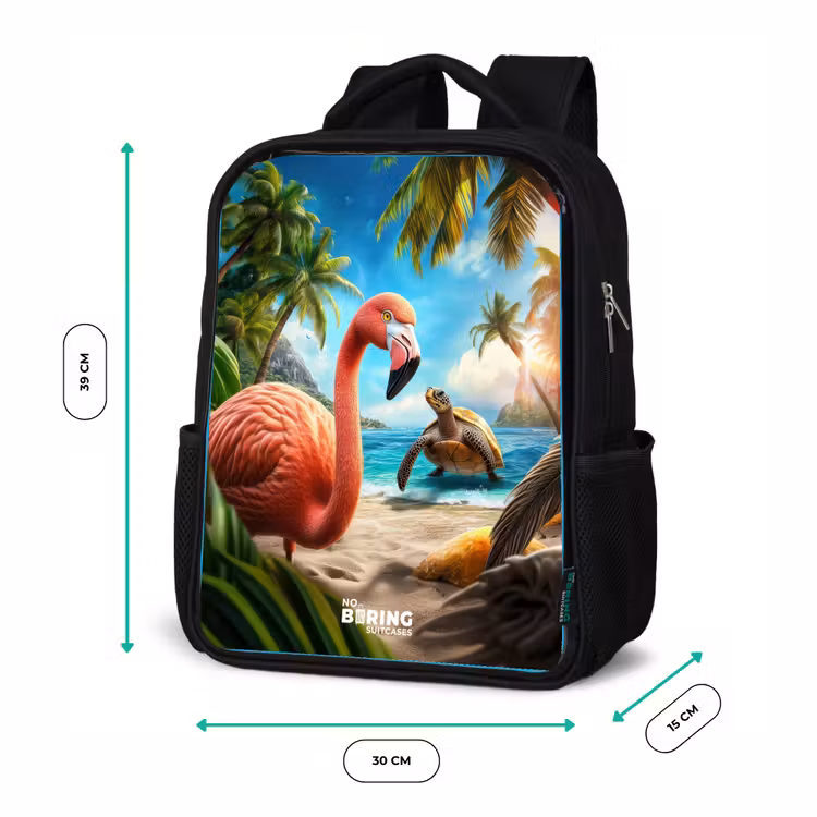 Flamingo en schildpad op tropisch strand Rugzak - Zwart middel -productfoto_formaten