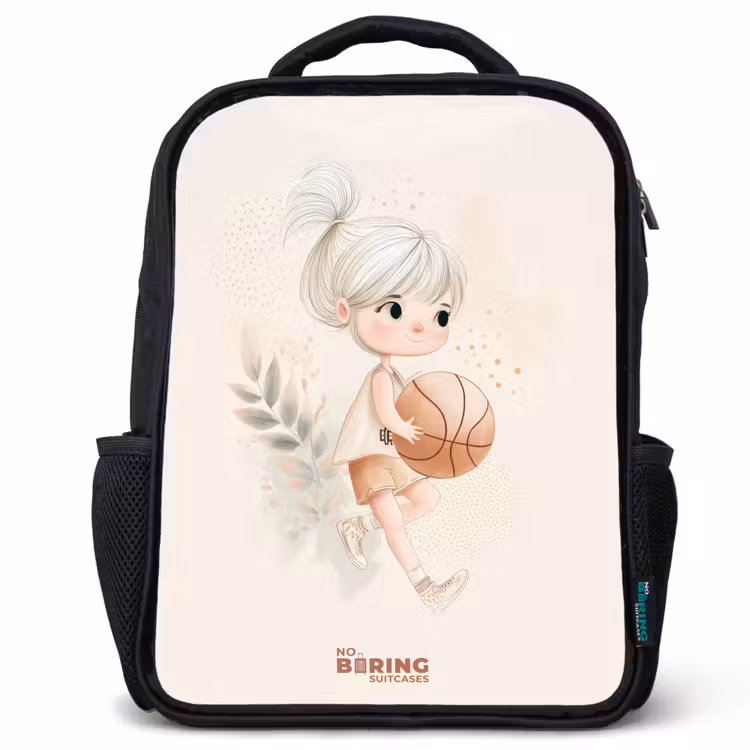 Meisje met een basketbal in neutrale kleuren. Rugzak - Zwart middel -3d