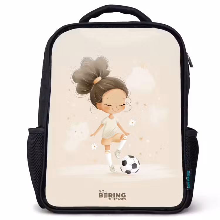Meisje met een voetbal in beige kleuren Rugzak - Zwart middel -3d